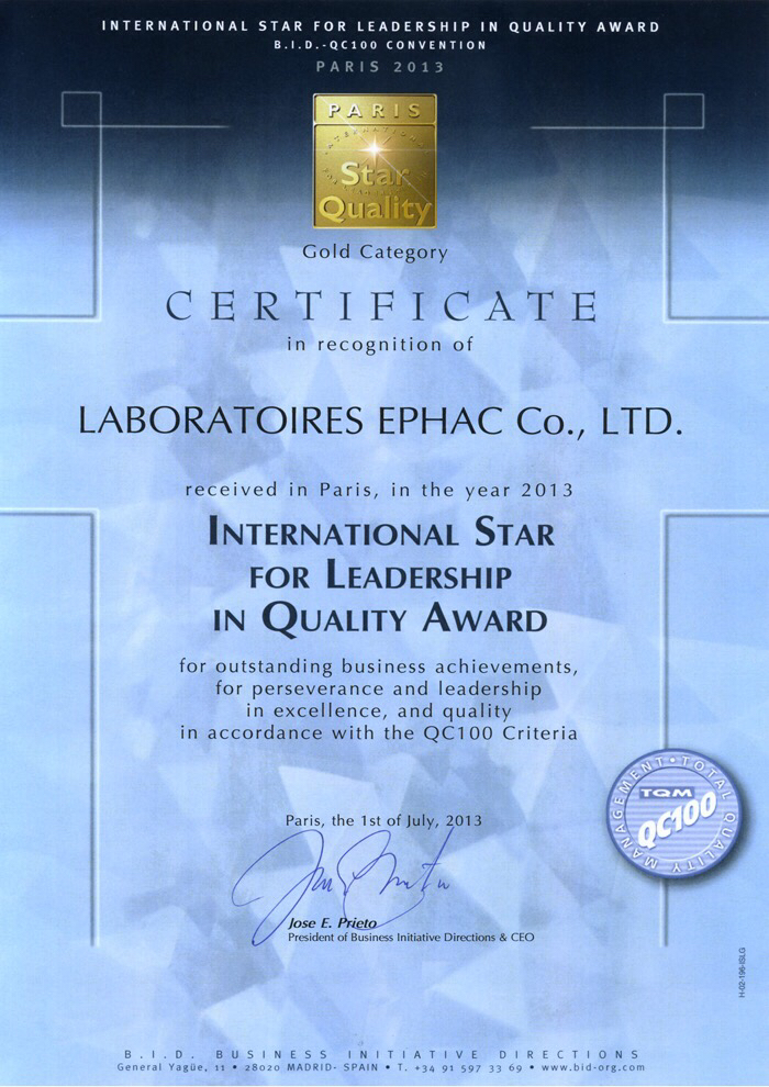 Paris 2013 International Star for Leadership in Quality Award